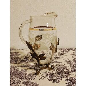 vintage  Gold Leaf Foliage Grape Vine  Pitcher With Brass Base Bartlett Collins